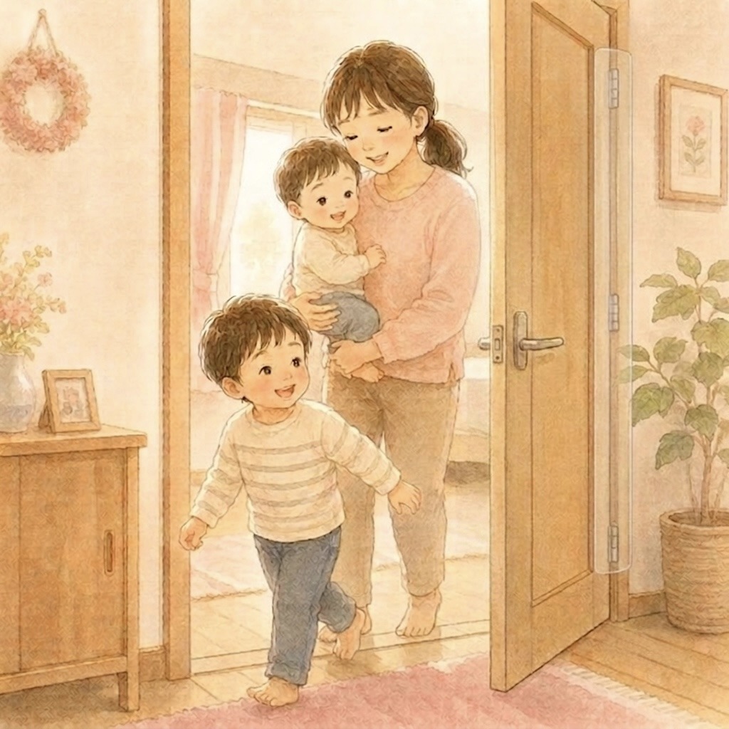 はさマンモスを付けた扉を、家族で安心して通り抜ける様子