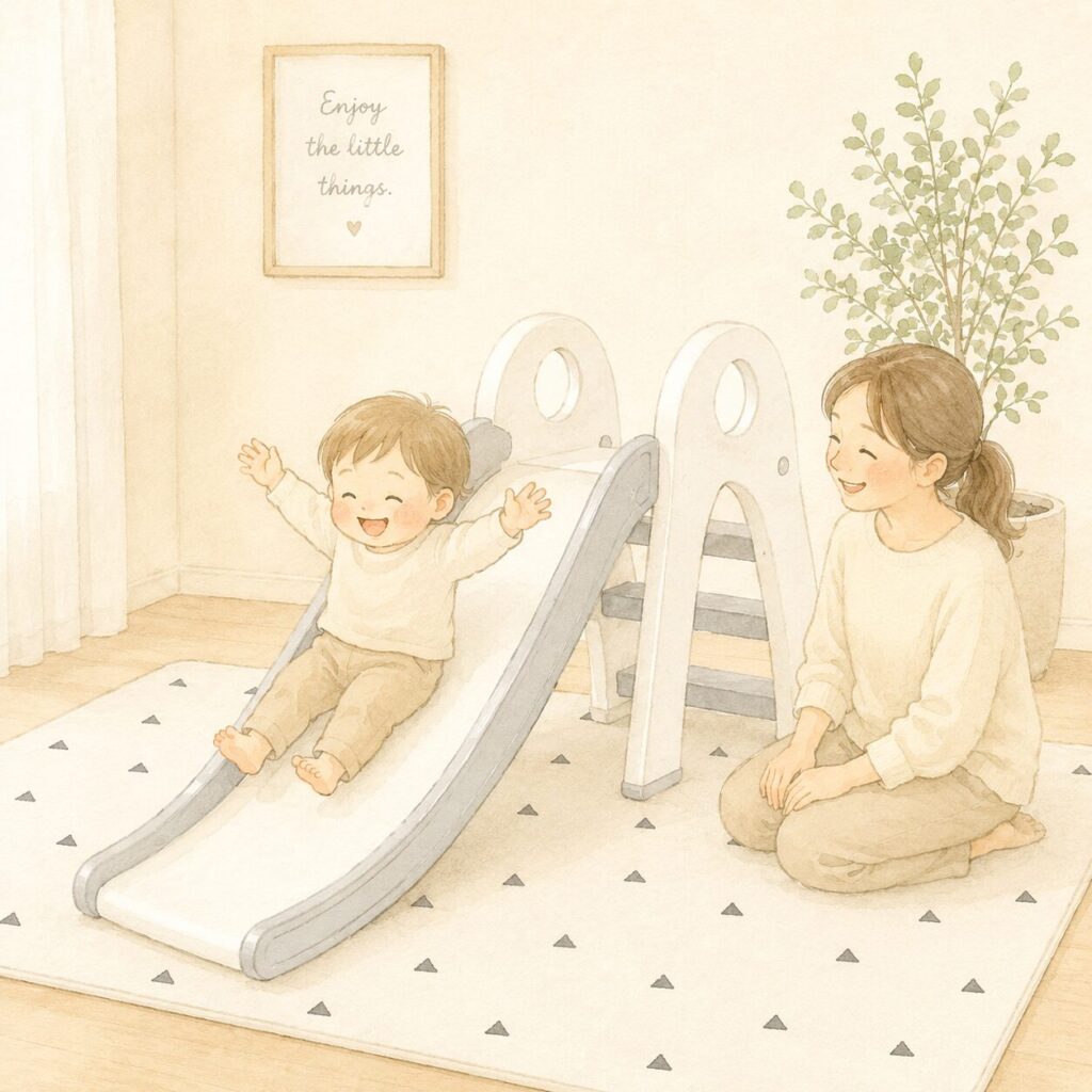 室内すべり台で笑顔で滑る子どもと見守るママ
