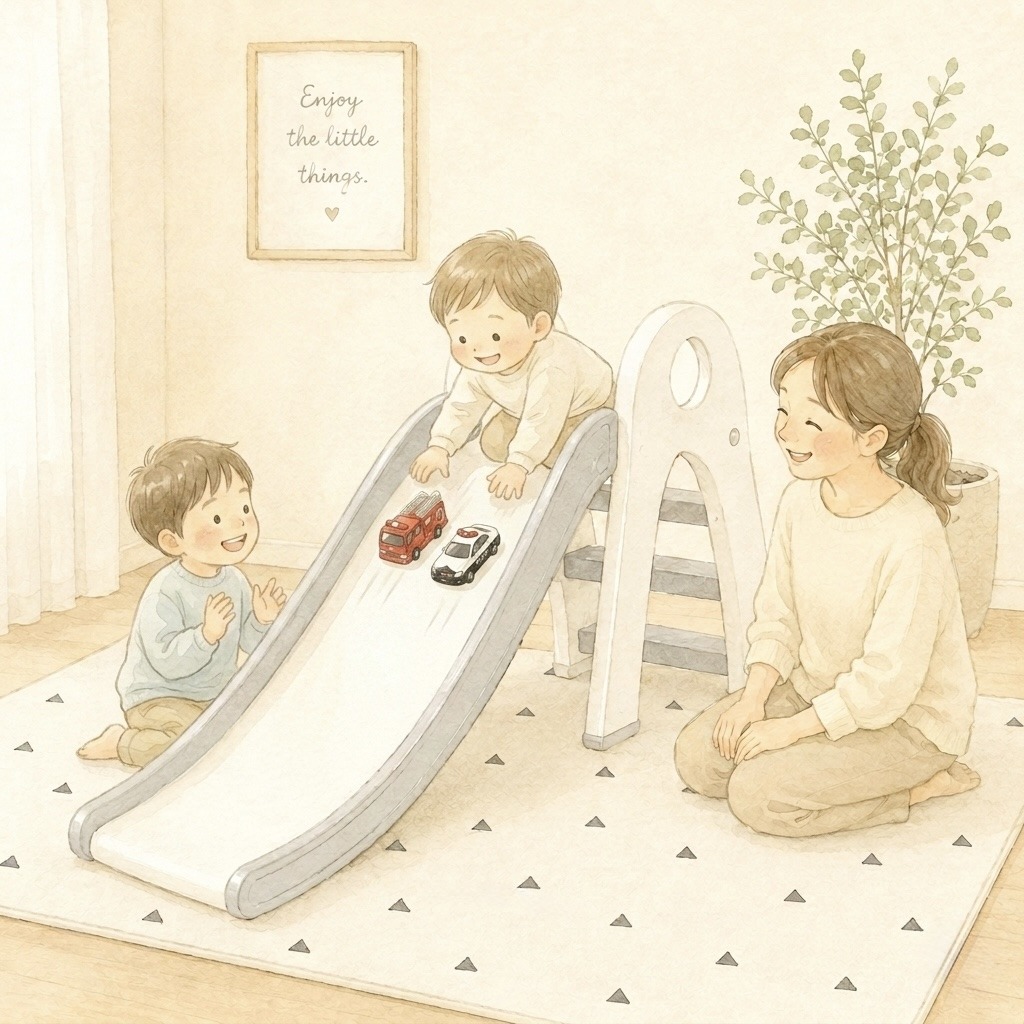 室内すべり台で遊ぶ子どもたち。ひとりがすべり台の上からミニカーをすべらせ、もうひとりが見守る。そばで母親が笑顔で見守っている。

