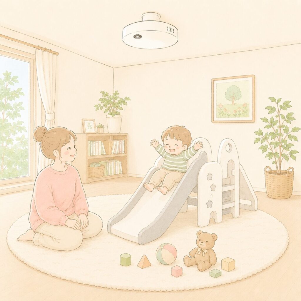 テレビのないすっきりしたリビングで、室内すべり台で遊ぶ子どもとママ