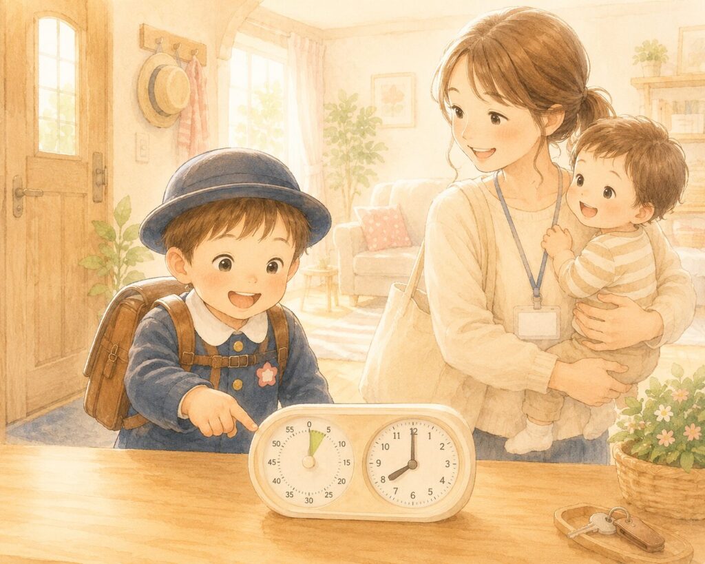 制服を着て時っ感タイマーで時間を確認し、笑顔で幼稚園に出発する親子