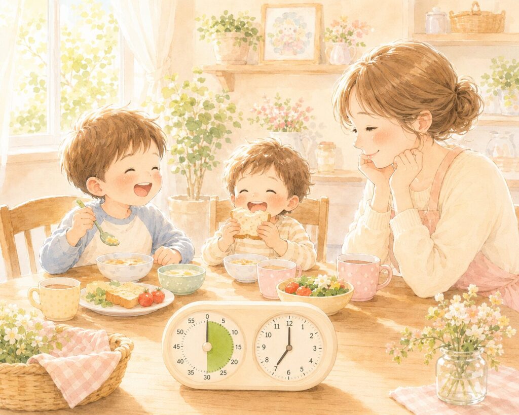 時っ感タイマーを置いて朝ごはんを食べる兄弟と見守る母親