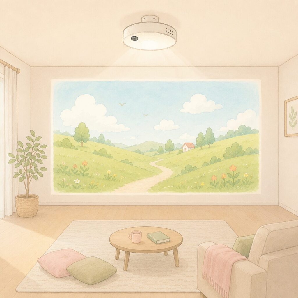 天井のプロジェクターで白い壁に風景を投影しているリビング