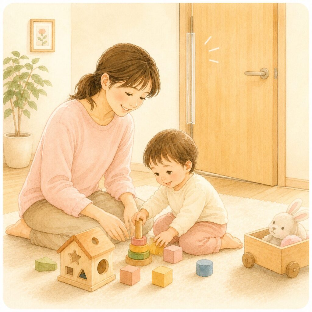 扉のそばで安心して遊ぶ親子