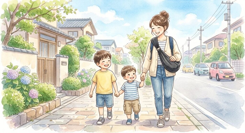 グスケットを斜めがけして子どもと歩く親子