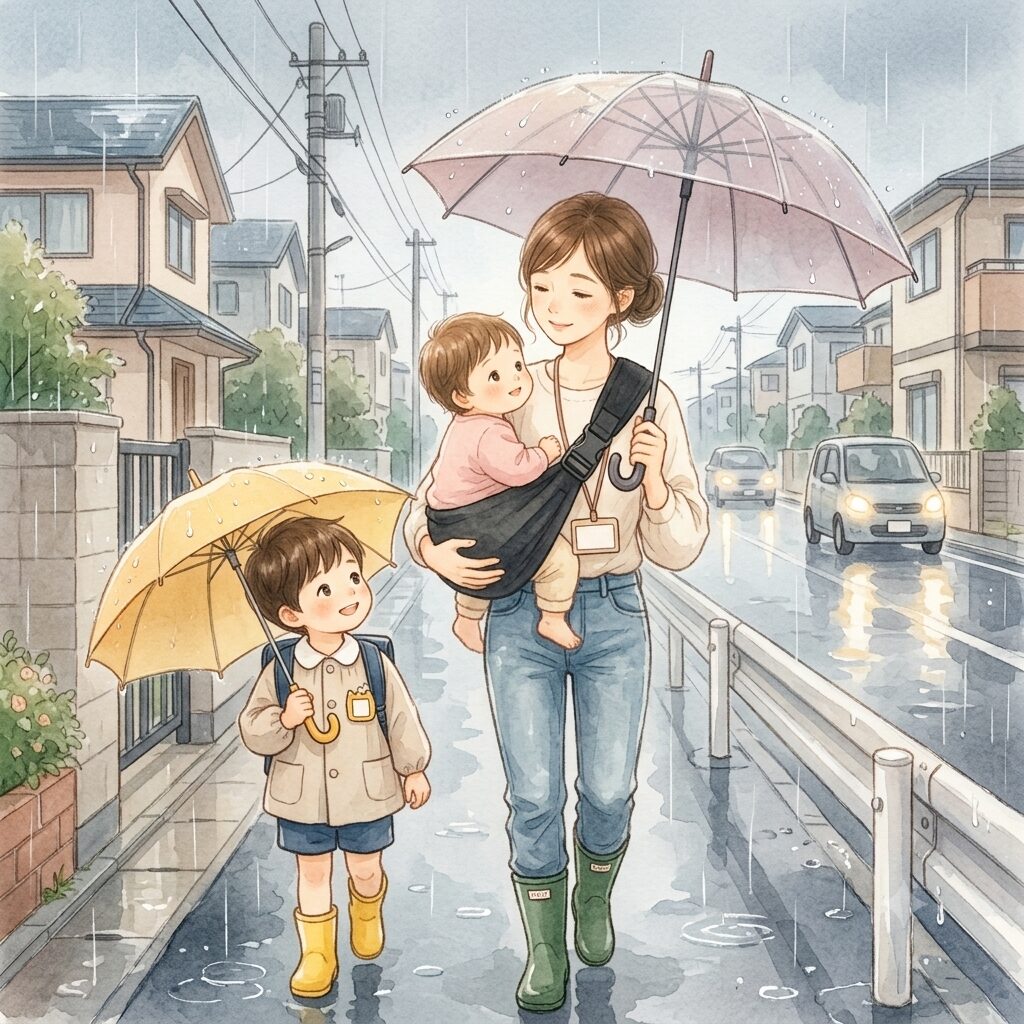 雨の日にグスケットで下の子を抱っこし、上の子と歩くママ