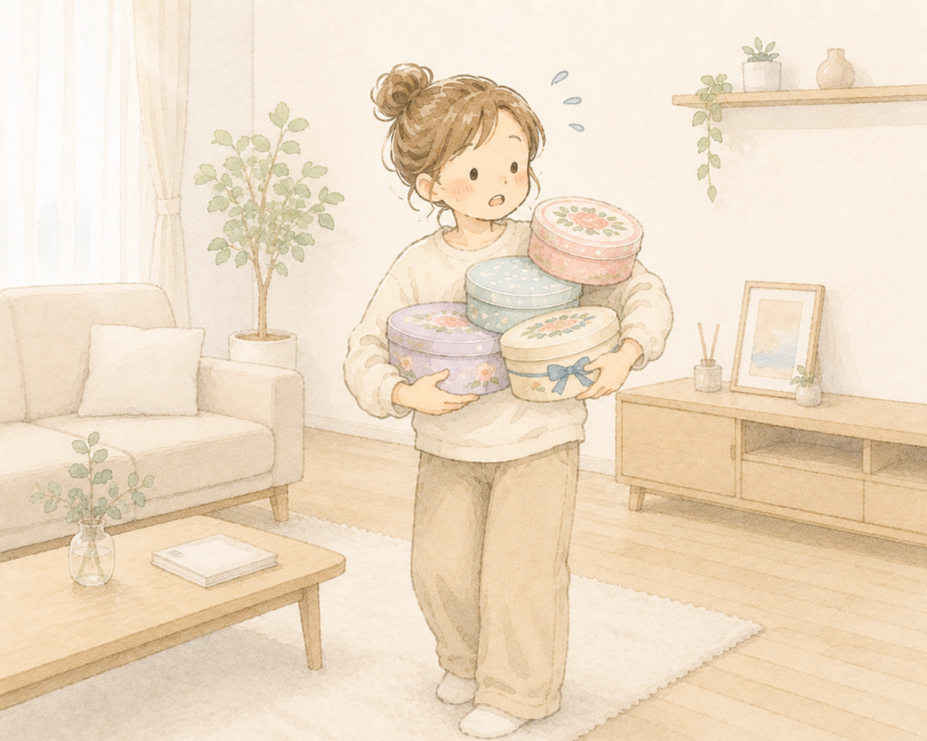 すっきり片づいた部屋で、お菓子の缶を4個抱えて置き場所に困っているママのイラスト