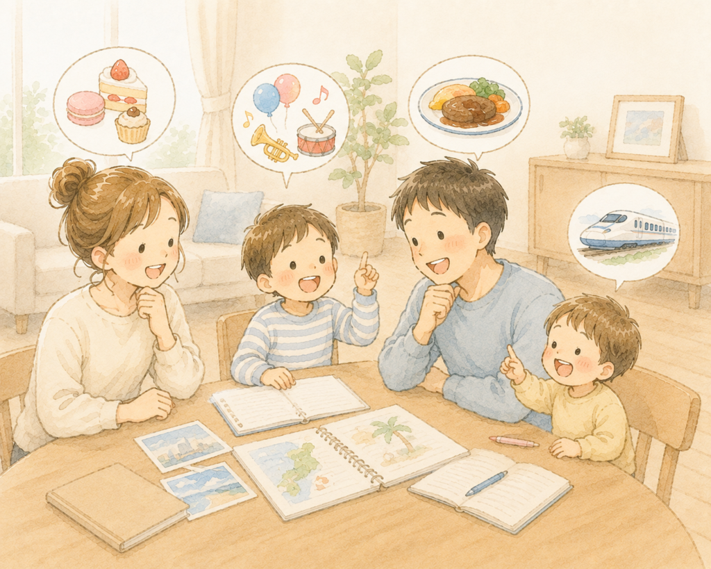 家族4人がテーブルを囲んで旅行の計画を話し合っているイラスト。それぞれの吹き出しにスイーツ、風船と楽器、料理、新幹線が描かれている