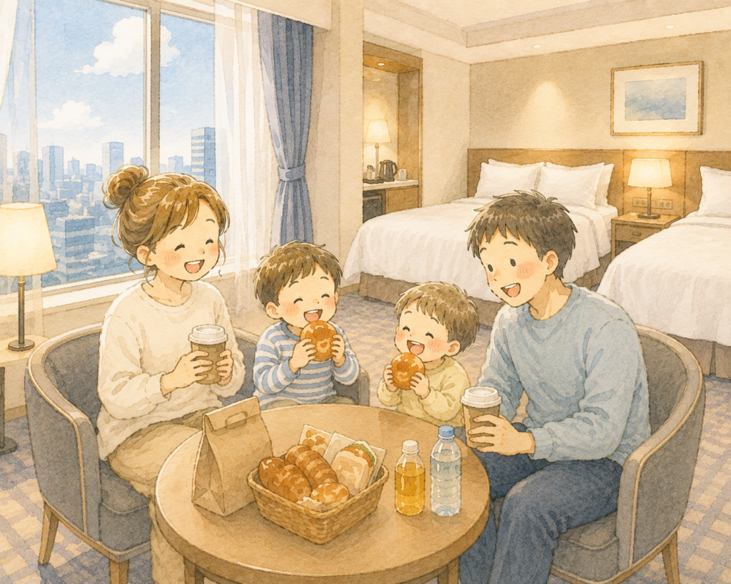 ホテルの客室で、家族4人がソファに座ってパンを食べながらくつろいでいるイラスト