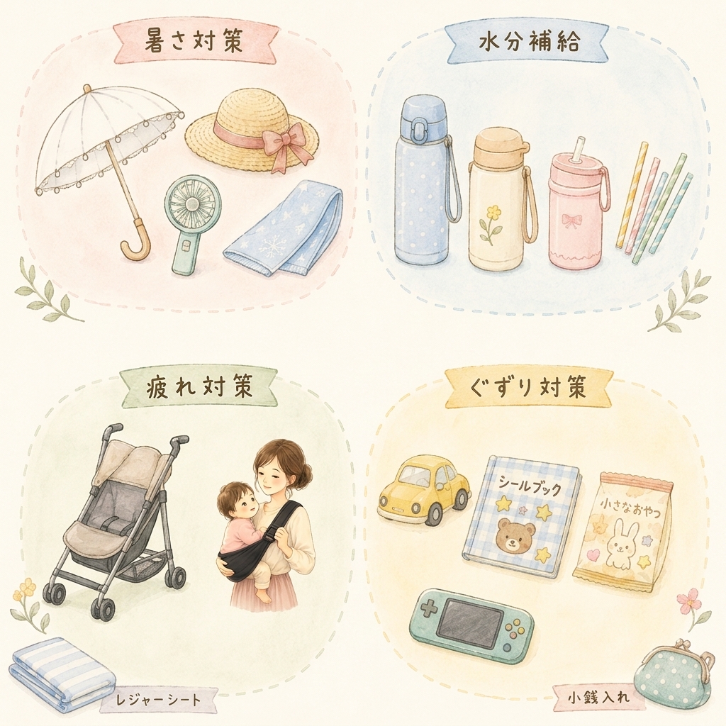 特に持っていってよかったものを4つに分類したイラスト。暑さ対策(日傘・帽子・ハンディファン・冷感タオル)、水分補給(水筒・使い捨てストロー)、疲れ対策(ベビーカー・抱っこ紐)、ぐずり対策(おもちゃ・シールブック・おやつ)