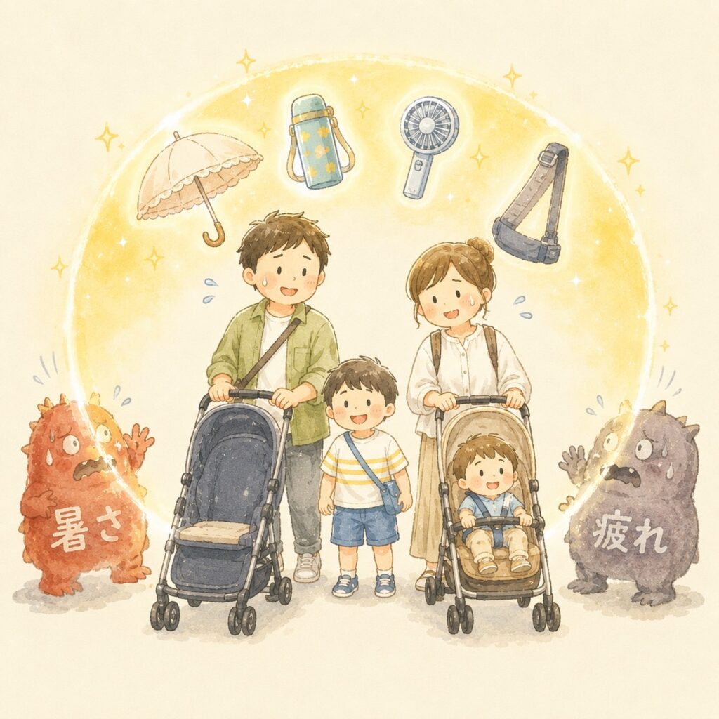 「暑さ」と「疲れ」のモンスターから、ベビーカー・抱っこ紐・水筒・日傘・ハンディファンが家族4人を守っているイラスト