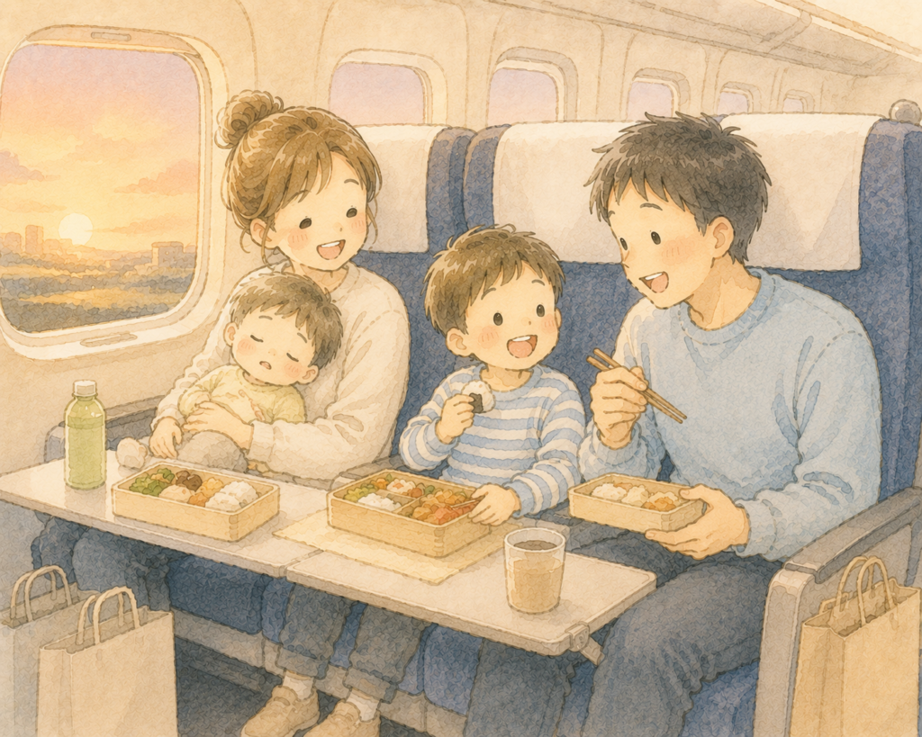 帰りの新幹線の車内で、家族4人が並んで座り、駅弁を食べているイラスト。2歳の子はママのひざで眠っている