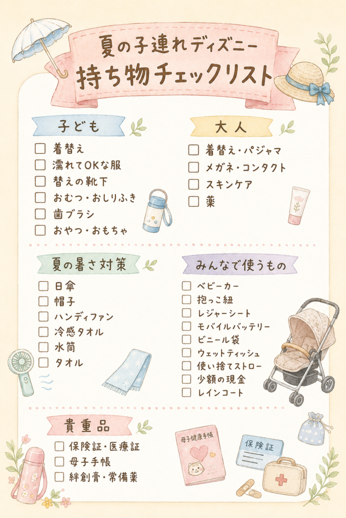 夏の子連れディズニーの持ち物チェックリスト。子ども・大人・夏の暑さ対策・みんなで使うもの・貴重品の5つに分類した一覧表