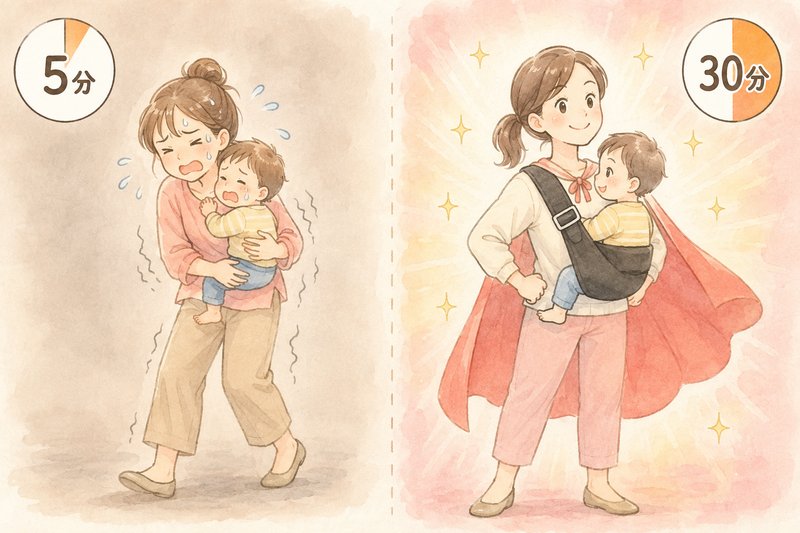 素手なら5分、グスケットなら30分の比較イラスト