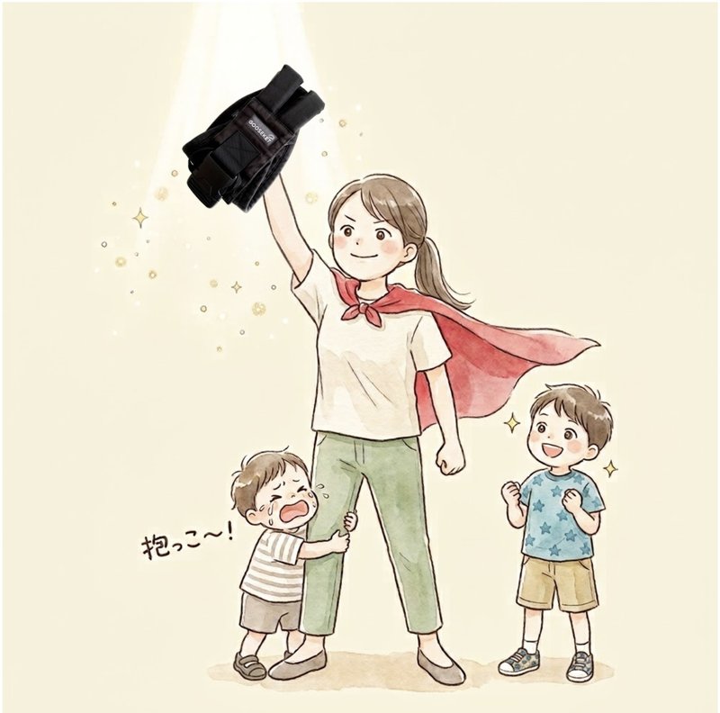 グスケットを掲げるママと子ども2人のイラスト