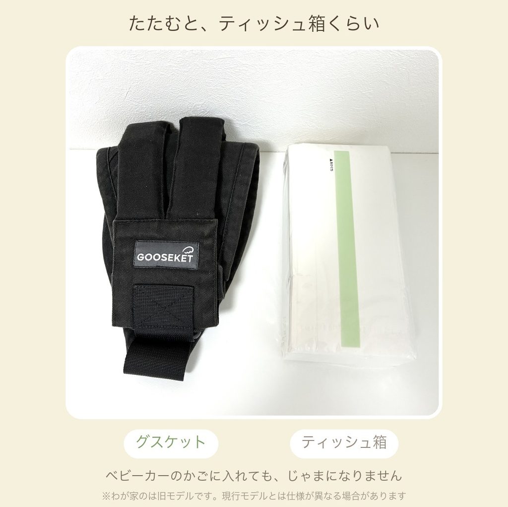 たたんだグスケットとティッシュ箱の大きさ比較