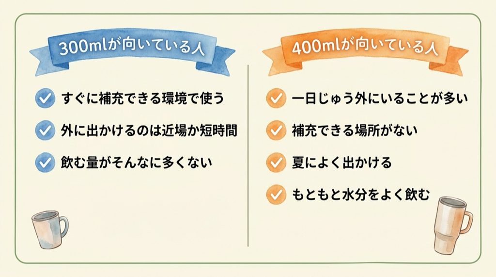 300mlが向いている人と400mlが向いている人のチェックリスト