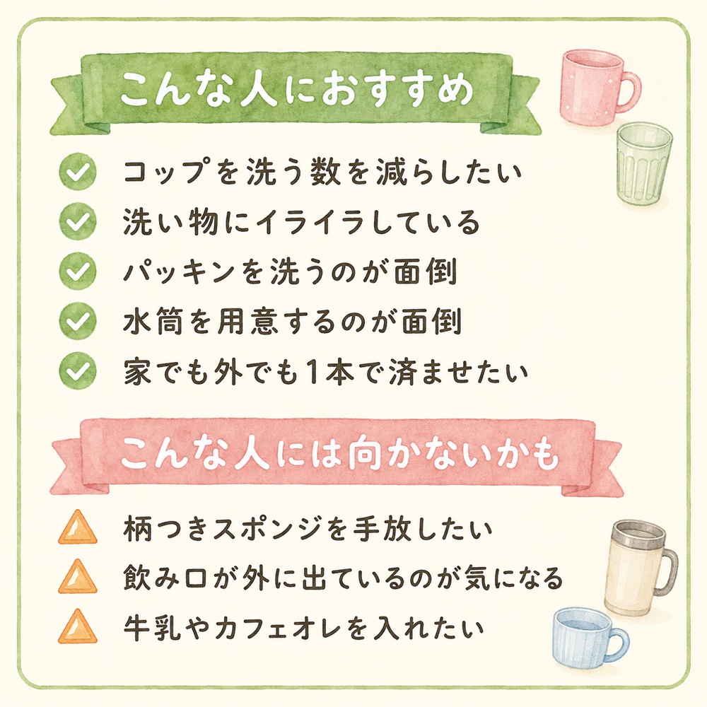 こんな人におすすめ・こんな人には向かないかも。象印キャリータンブラーの向き不向きをまとめたリスト