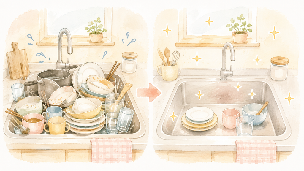 食器がたまったシンクと、片付いてきれいになったシンクのビフォーアフターイラスト