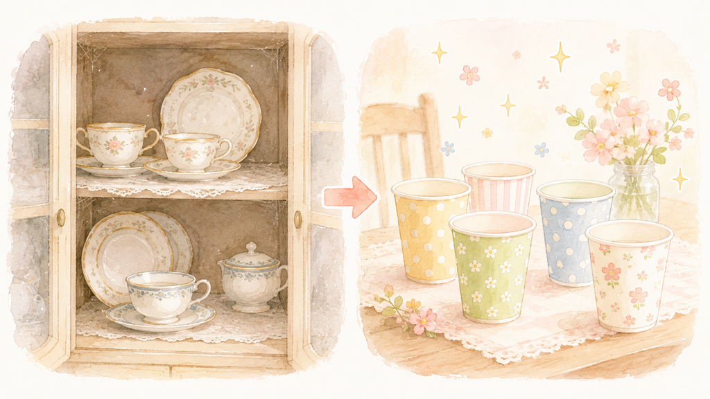 来客用の食器が入った食器棚から、カラフルな紙コップに変わる様子のイラスト