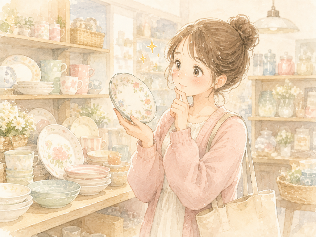 雑貨店でお皿を手に取り、購入を悩んでいる女性のイラスト