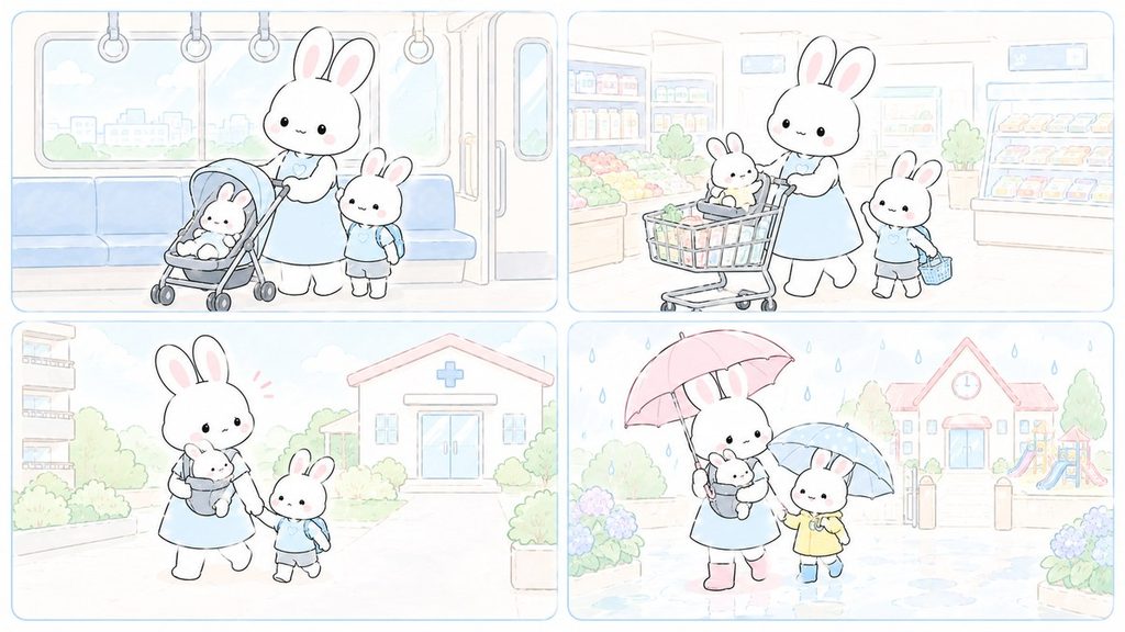 車なしで子育てする暮らしの4コマ。電車・スーパー・小児科・雨の日の幼稚園の送り迎え
