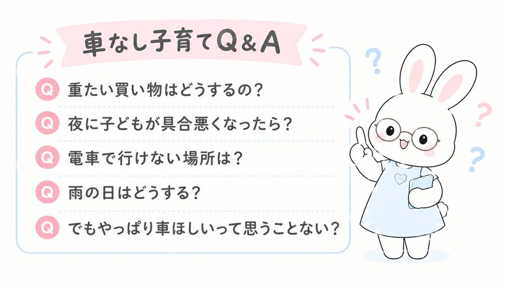 車なし子育てQ＆A。重たい買い物や夜の体調不良などの質問に答えるうさぎのイラスト
