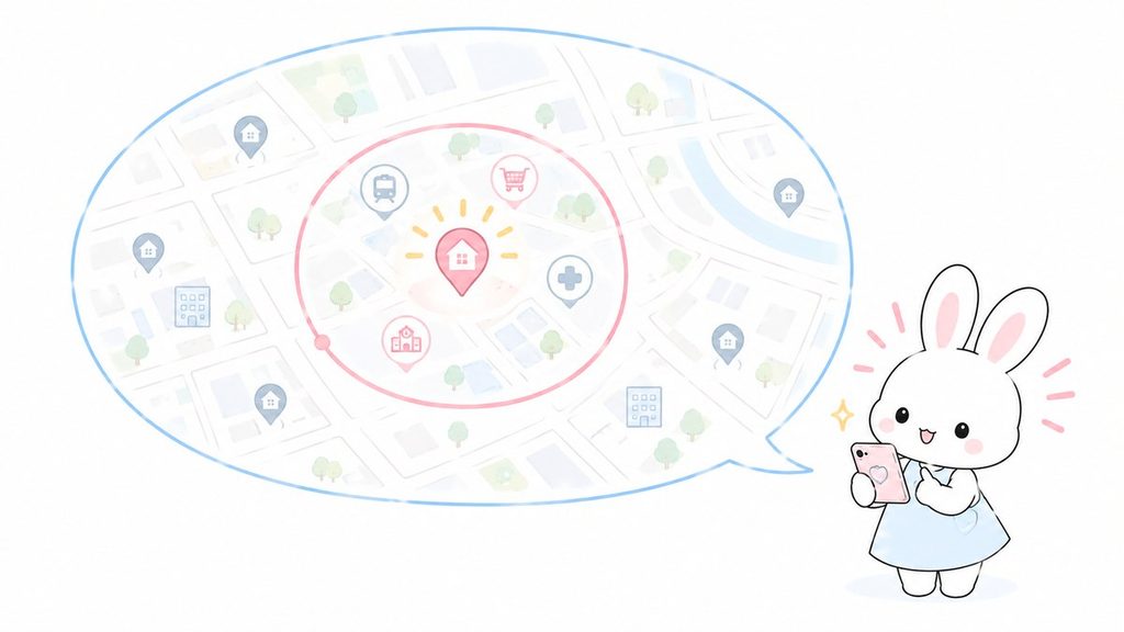 スマホの地図アプリでエリアを指でなぞり、丸の中に条件に合う家が見つかったイラスト