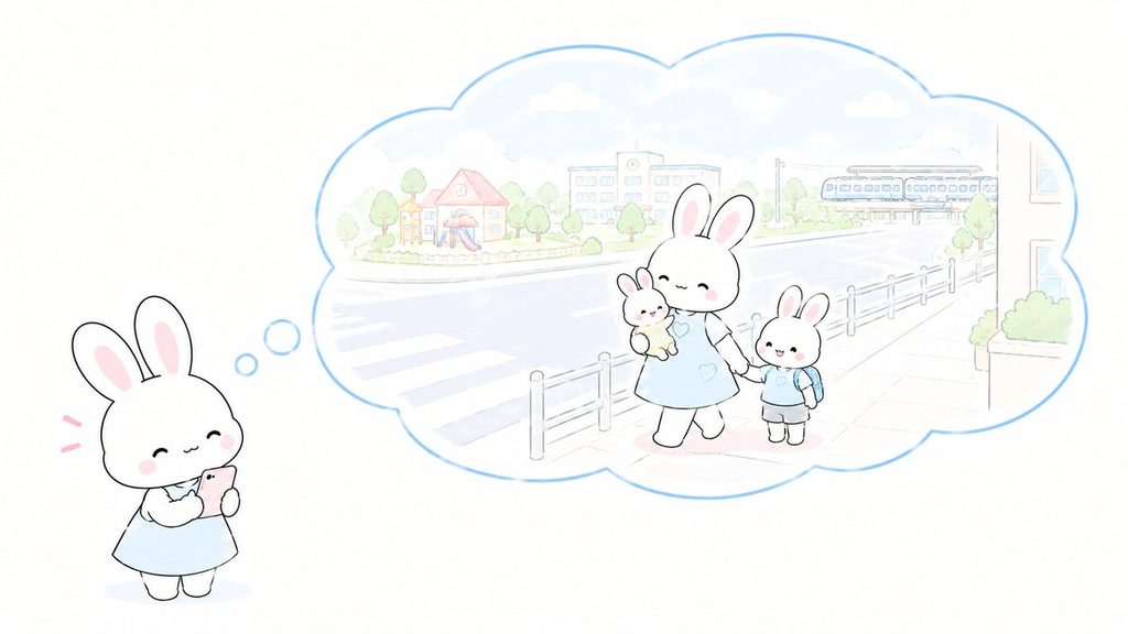ストリートビューで見た道を、子どもと歩く様子を想像しているうさぎのイラスト