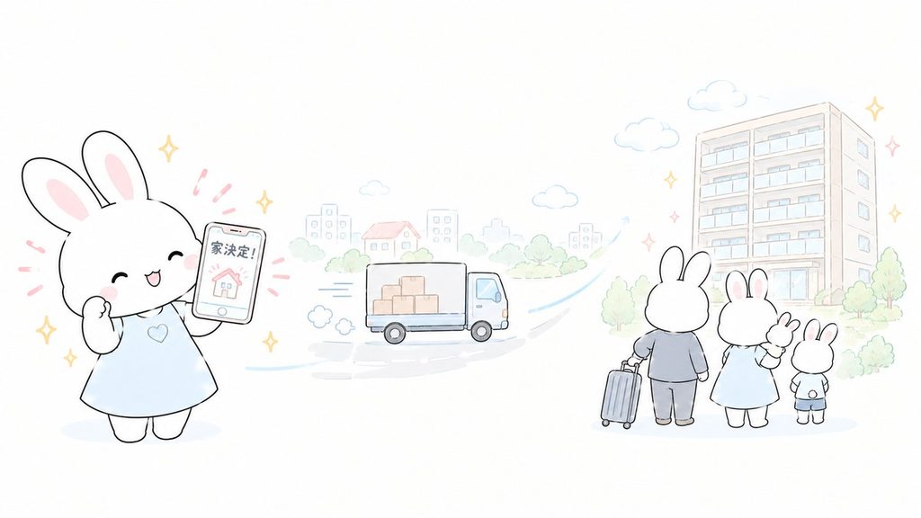 家が決まってガッツポーズ、引っ越し、新しいマンションの前に立つ家族のイラスト