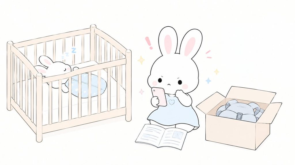 届いた抱っこ紐の説明書と動画で練習の準備をするママ