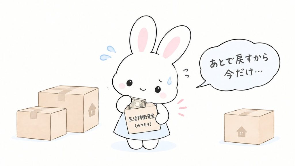 生活防衛資金のつもりの封筒からお金を出してしまううさぎのイラスト