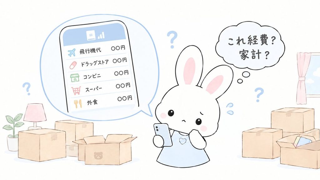家計簿アプリの明細を見て経費か家計か迷ううさぎのイラスト
