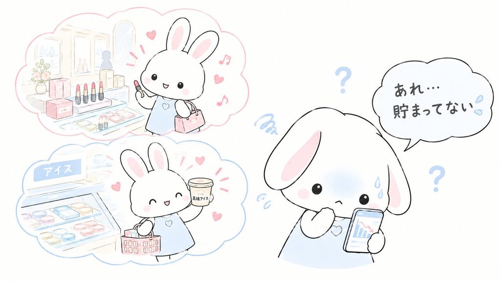 買い物のあと家計簿アプリを見て貯まっていないことに気づくうさぎのイラスト