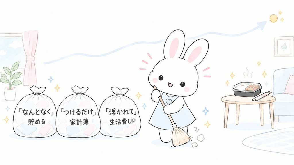 やめた3つのことをゴミ袋にまとめて家計をすっきり整えたうさぎのイラスト