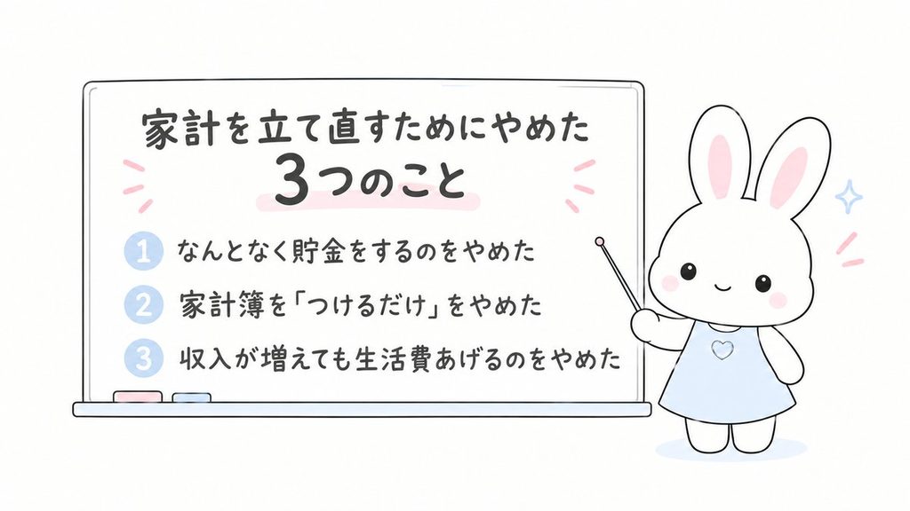 家計を立て直すためにやめた3つのことを説明するうさぎのイラスト