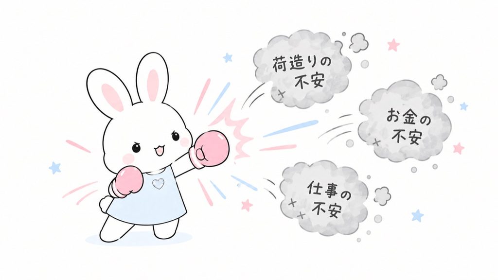 ボクシンググローブをつけたうさぎが、荷造りの不安・お金の不安・仕事の不安という3つの雲をパンチで軽く吹き飛ばしているイラスト