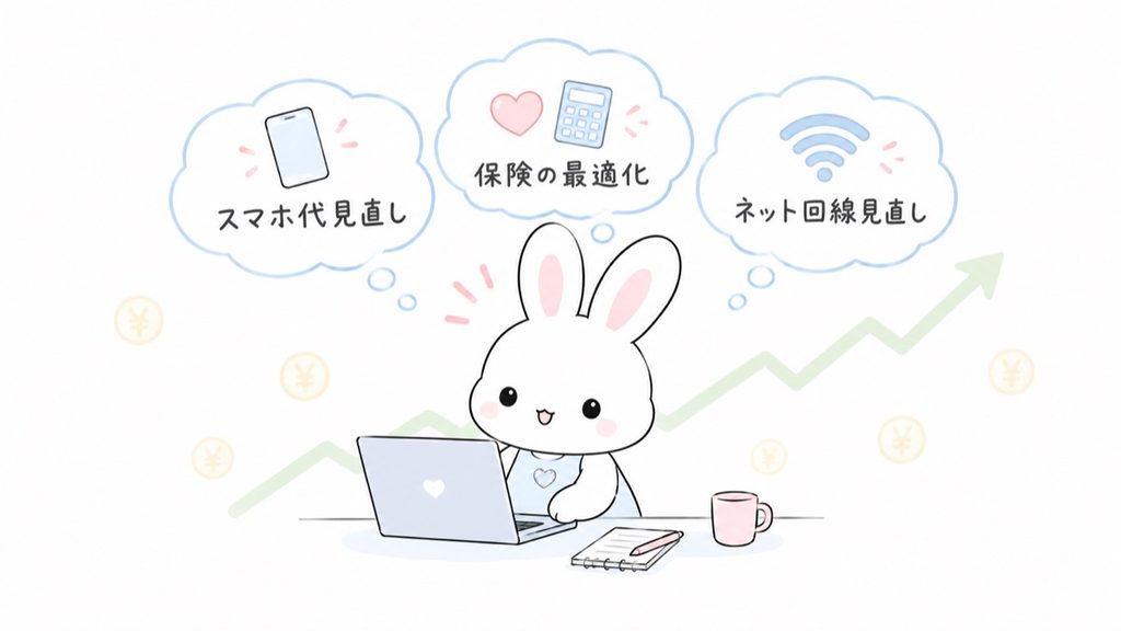 パソコンで家計簿をつけるうさぎと、見直した固定費3つ(スマホ代見直し・保険の最適化・ネット回線見直し)の吹き出し、右肩上がりの矢印を描いたイラスト