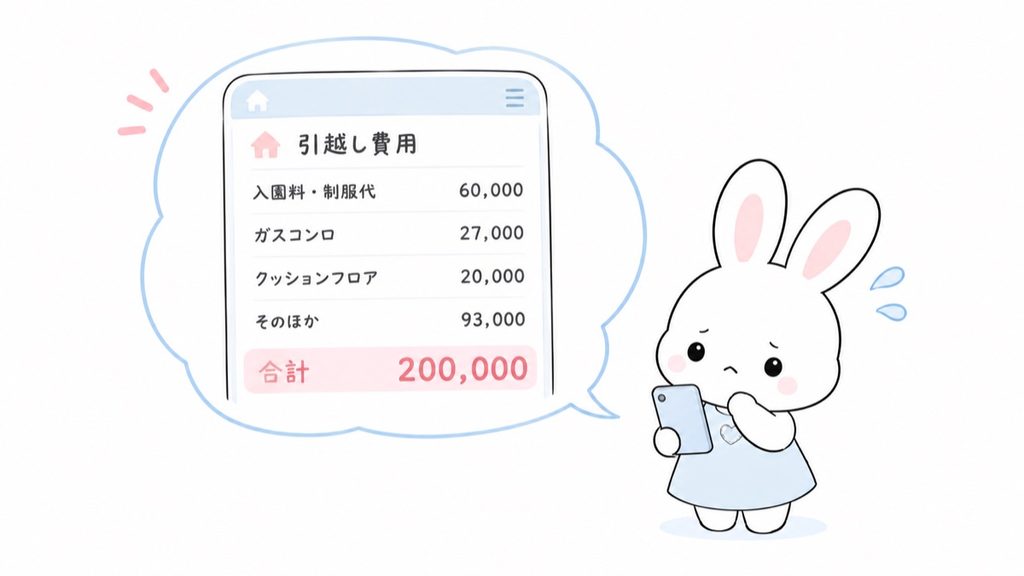 家計簿アプリの画面に引っ越し費用の内訳(入園料・制服代60,000円、ガスコンロ27,000円、クッションフロア20,000円、そのほか93,000円、合計200,000円)が表示され、金額を見て困った表情のうさぎのイラスト