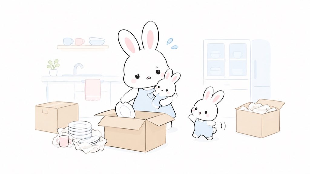 キッチンで赤ちゃんを抱っこしながら食器を段ボールに詰める母うさぎと、そばでうろちょろする子どもうさぎのイラスト。ひとりで荷造りする大変さを表している