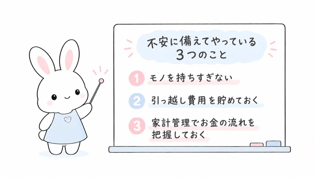 うさぎのキャラクターがホワイトボードで、転勤族の妻が不安に備えてやっている3つのこと(モノを持ちすぎない・引っ越し費用を貯めておく・家計管理でお金の流れを把握しておく)を説明しているイラスト