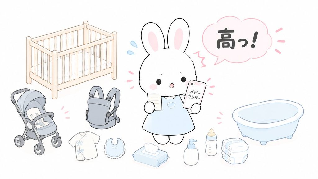 出産準備の赤ちゃん用品にかこまれ、ベビーセンサーの値段に驚くママ