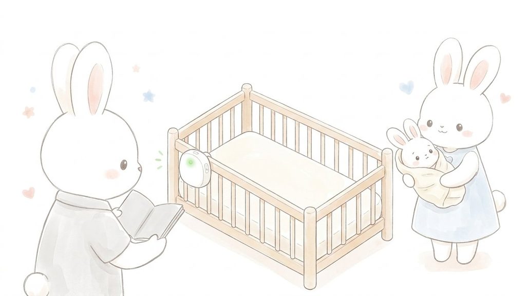 赤ちゃんを抱っこしてベッドを空にし、説明書を見ながらセンサーの動作を確認する夫婦